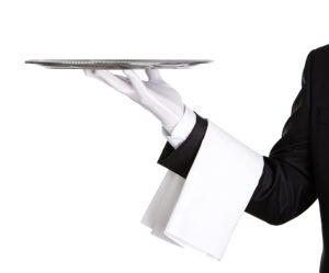 Waiter holding empty silver tray isolated on white background wi